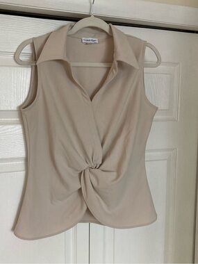 Calvin Klein Beige Sleeveless Twist-Knot front ,  Collared top